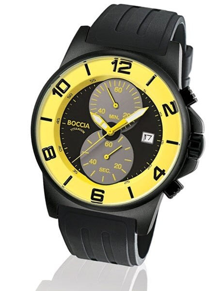 Boccia Yellow-Black Dial Quartz Chronograph with Black 45mm Titanium Case and Rubber Strap #3777-27