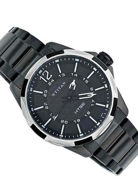 Titan HTSE Solar Powered Quartz Watch with Black Dial and Black PVD Bracelet #1573KM01