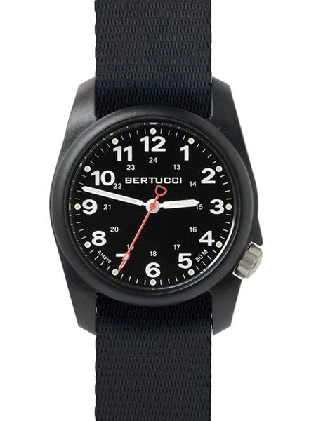 Bertucci A-1R Field Comfort watch with fiber reinforced polycarbonate Unibody case, Black Nylon Strap, Black Dial #10500