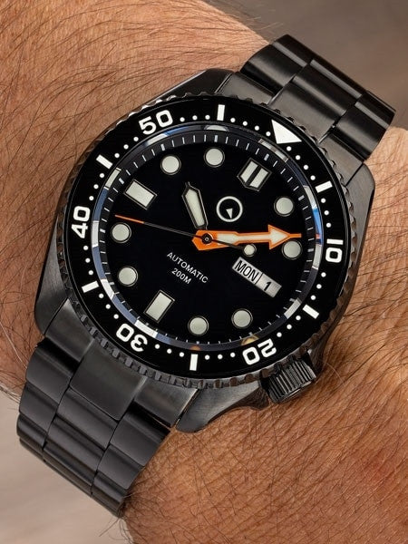 Islander Black Dial Automatic Dive Watch with DLC Case and Bracelet, AR Sapphire Crystal, and Luminous Ceramic Bezel Insert #ISL-34