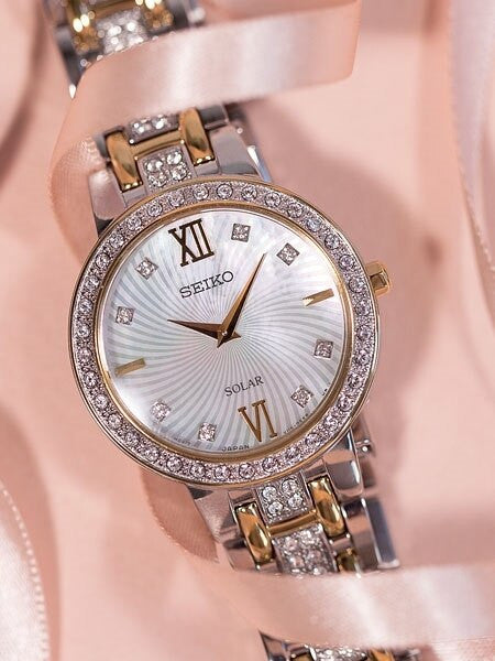 Seiko Ladies Solar Dress Watch with Swarovski Crystals, Mother of Pearl Dial #SUP360