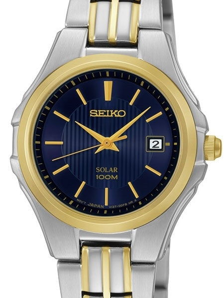 Seiko Two-Tone Women's Solar Dress Watch with Blue Dial, Goltone Hands and Markers #SUT224