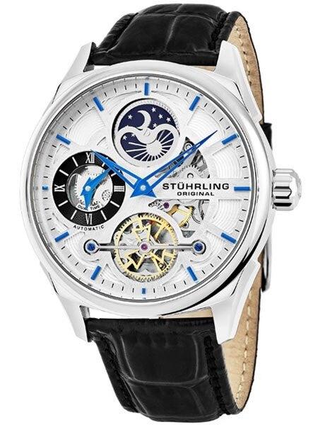 Stuhrling automatic dual time watch with 42mm case, semi-skeleton dial, black leather strap #657.01