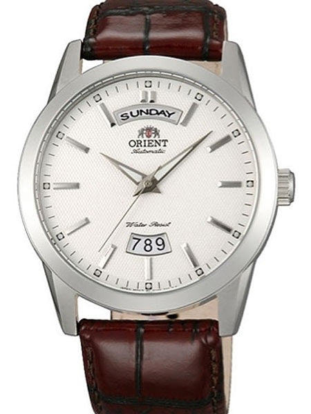 Orient Union 21-Jewel Automatic Day and Date Watch with White Dial and Brown Strap #EV0S005W