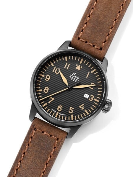 Laco St. Gallen Quartz Pilot Watch with 42mm PVD Case and Corrugated Dial #861973