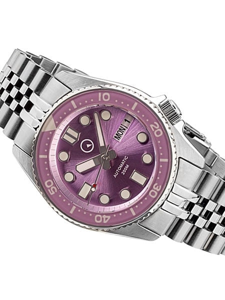 Islander 38mm Automatic Purple Dive Watch with Solid-Link Bracelet, AR Double Dome Sapphire Crystal, and Luminous Sapphire Bezel Insert #ISL-64