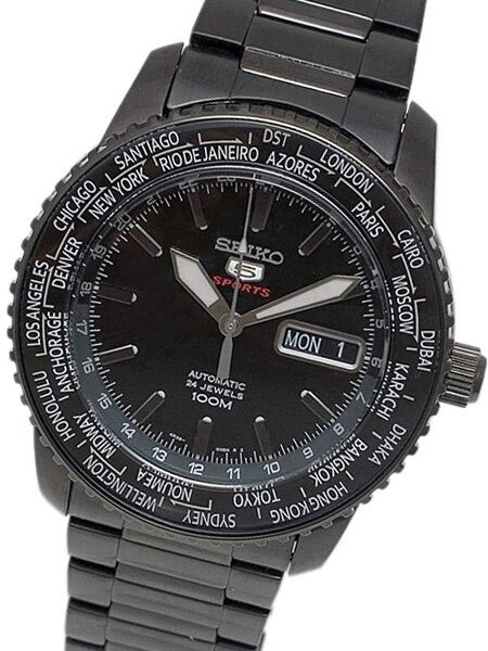 Seiko 5 Sports Automatic Hand Winding World Time Watch, Black PVD  SRP129K1