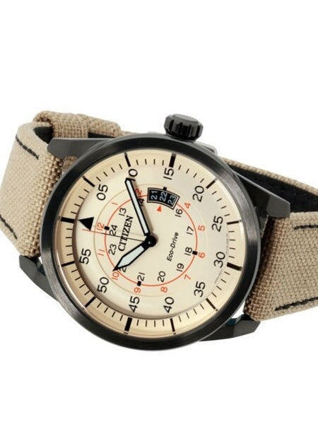 Citizen Eco-Drive Dial Pilot Watch with Black PVD Case and Tan Strap #AW1365-19P