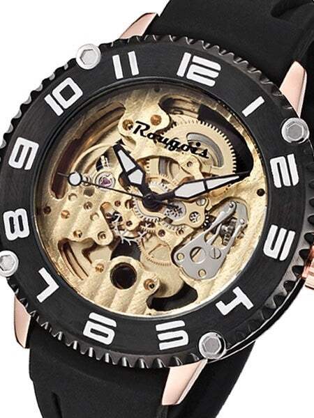 Rougois Goldtone Skeleton Automatic (self-winding) Watch with Black Bezel 3285M-RGB-2