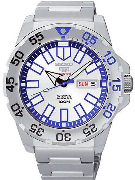 Scratch and Dent - Seiko 43mm Sports 5 Automatic 24-Jewel Watch with Silver Dial and Blue Accents #SRP481K1