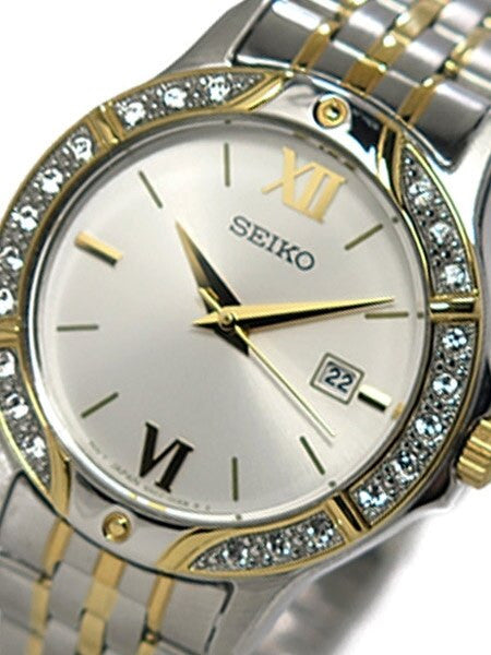Seiko Two-Tone Women's Quartz Dress Watch with Swarovski Crystal Bezel, Mother of Pearl Dial #SUR864
