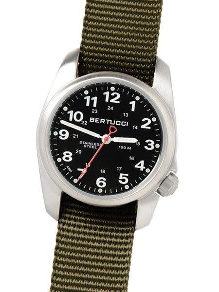 Bertucci A-1S Black Dial Stainless Steel Watch with Patrol Olive Nylon Strap #10112