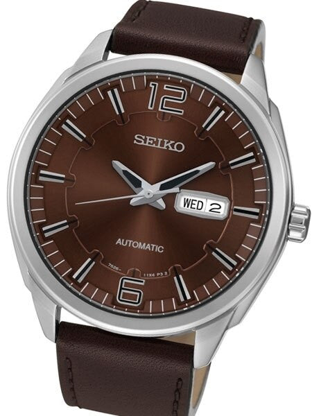 Seiko Automatic Watch with Brown Dial, 45mm Stainless Steel Case, Brown Leather Strap #SNKN49