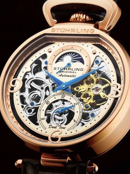 Stuhrling automatic dual time watch with 46mm case, skeleton dial, brown leather strap #889.03