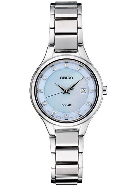 Seiko Women's Solar Dress Watch with 12 Diamond Hour Markers, Mother of Pearl Dial #SUT351