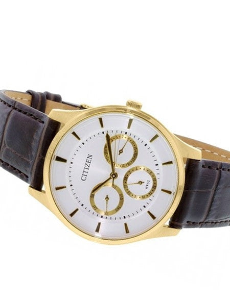 Citizen Thin Goldtone Dress Watch with Three Sub-Dials and a Leather Strap #AG8353-05A