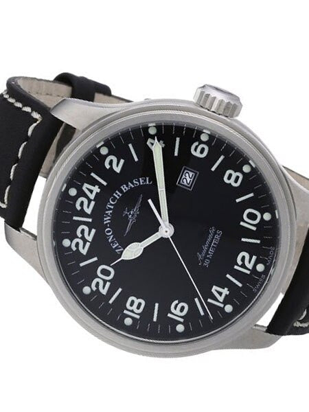 Zeno Mens XL 24-hour Pilot Watch with Black Dial, Black Leather Strap and Swiss Automatic Movement #8563-24-a1