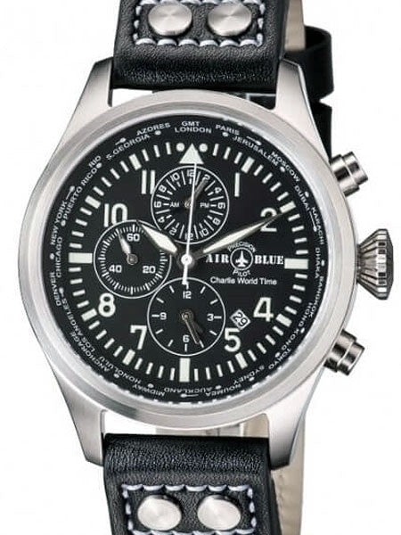 Air Blue Charlie World Timer Pilot Watch with Alarm, 44mm Case, Sapphire Crystal #CHARLIEWTSS