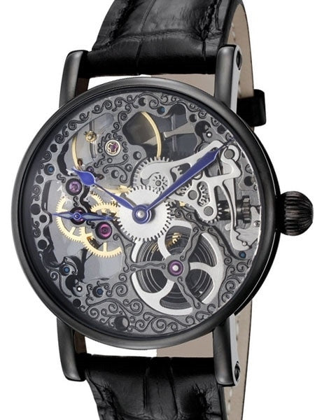 Rougois Hand Wind Decorated Skeleton Movement Watch with Black PVD Case #RS10003