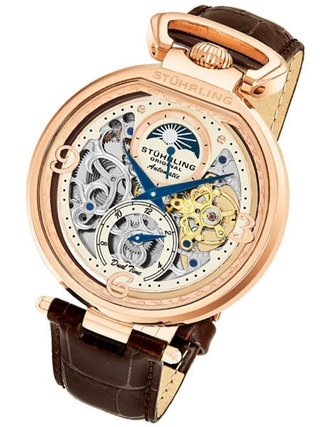Stuhrling automatic dual time watch with 46mm case, skeleton dial, brown leather strap #889.03
