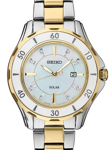 Seiko Two-Tone Women's Solar Dress Watch with MOP Dial, Goltone Hands and 8 Diamond Markers #SUT338