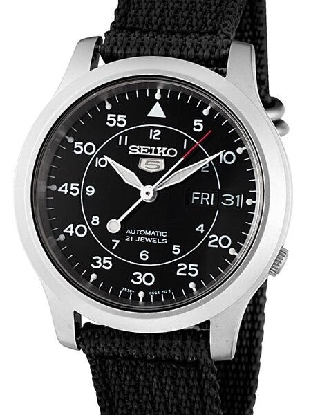 Scratch and Dent - Seiko 5 Military Black Dial Automatic Watch with Back Canvas Strap #SNK809K2