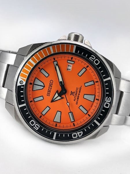 Seiko Samurai Prospex Automatic Dive Watch with Orange Dial and Stainless Steel Bracelet #SRPC07