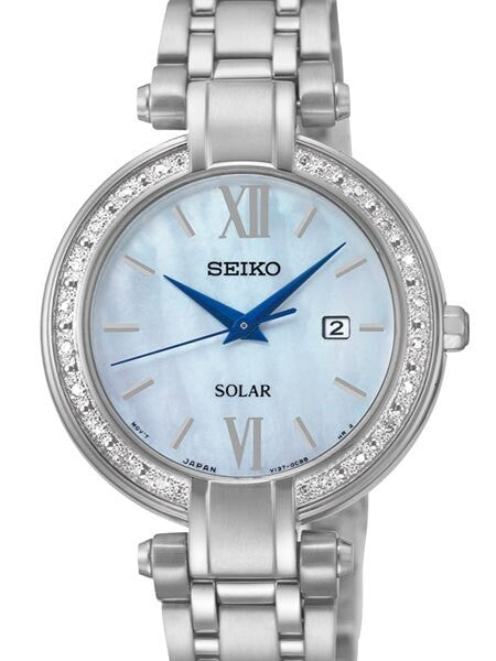 Seiko Tressia Women's Solar Dress Watch with Diamond Bezel, Mother of Pearl Dial #SUT181