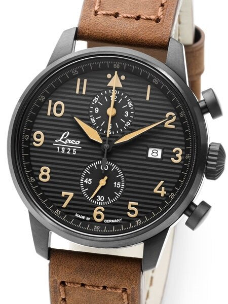 Laco Engadin Two-Eye Chronograph Watch with 42mm PVD Case and Corrugated Dial #861976