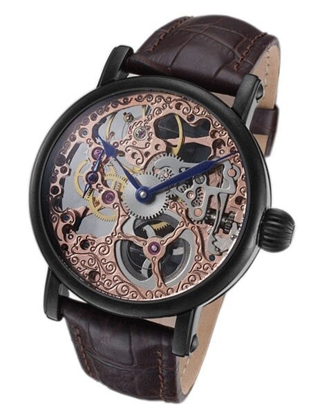 Rougois Rose Gold Plated Hand Wind Decorated Skeleton Movement Watch with Black IP Case #RS10006