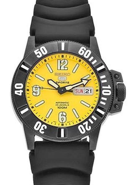 Seiko Sports 5 Automatic Watch with Yellow Dial, Black PVD Case #SNZG87K1
