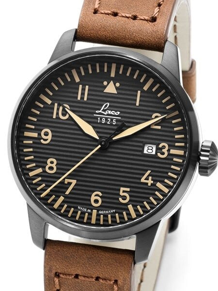 Laco St. Gallen Quartz Pilot Watch with 42mm PVD Case and Corrugated Dial #861973