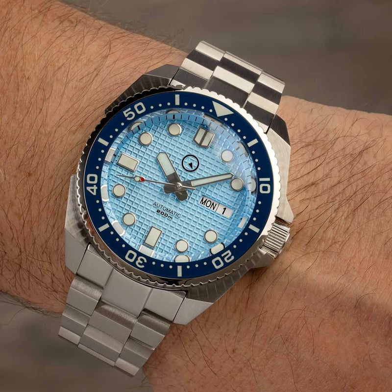 Islander Ice Blue Waffle Dial Automatic Dive Watch with AR DD Sapphire Crystal, and Luminous Ceramic Bezel Insert #ISL-67