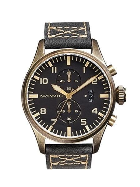 Szanto 44mm Antique Bronze Ion Plated Case, Military Chronograph Watch #4001