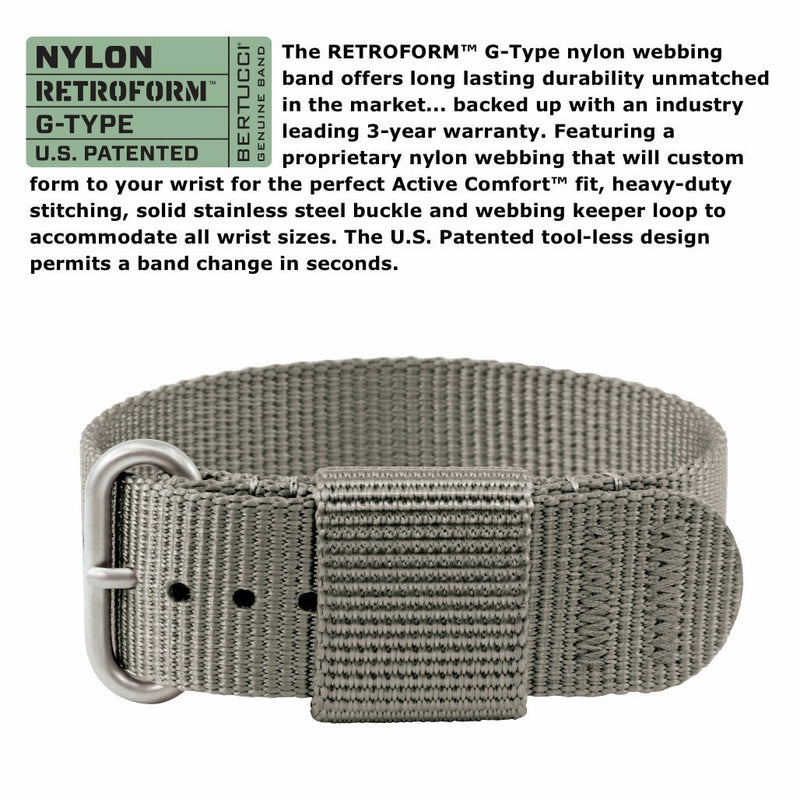 Bertucci retro-inspired Retroform field watch with a USA movement, 5 year battery and G-Type nylon band #11602