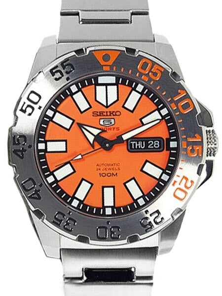 Seiko 43mm Sports 5 Automatic 24-Jewel Watch with Day and Date, Orange Dial #SRP483K1