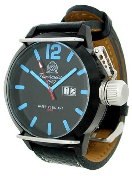 Tauchmeister T0168 XL Black Military Dive Watch with Unique Blue Hands and Markers