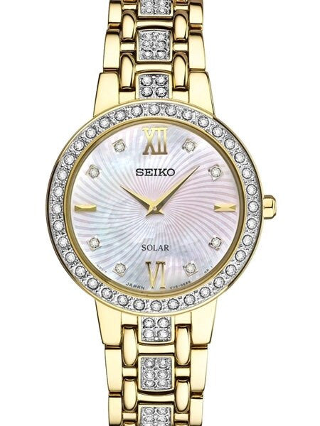 Seiko Ladies Solar Dress Watch with Swarovski Crystals, Mother of Pearl Dial #SUP364