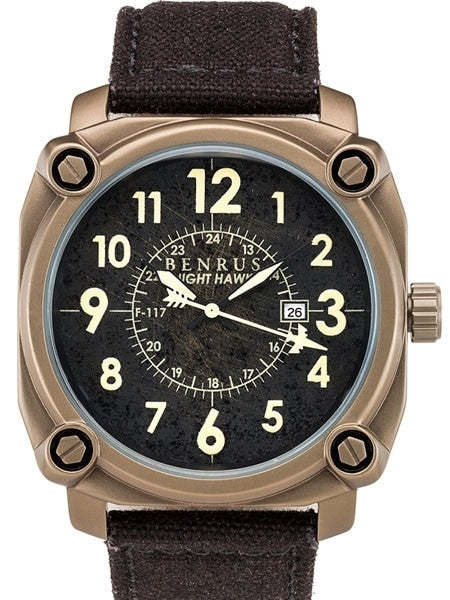 BENRUS 43mm Stainless Steel, Military-Inspired Quartz Nighthawk Watch #BR002C