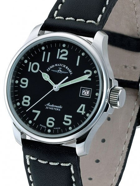 ZENO-WATCH ゼノウォッチ シーハンター ダイバーズ Zeno Mens Pilot Watch with Black Dial, Black Leather Strap and