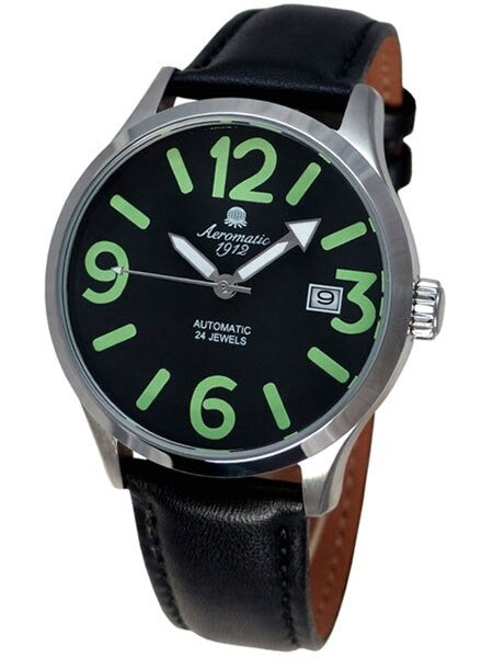 Aeromatic 1912 Retro Styled 24-Jewel Automatic Watch with Black Leather Strap #A1435A
