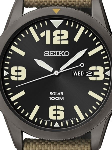 Seiko Black Dial Solar Powered Aviator Watch with 43mm Black Ion Case, Tan Canvas Strap #SNE331 — Long Island Watch