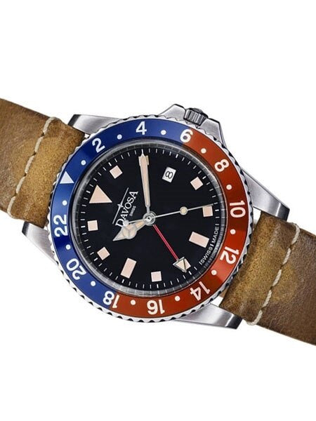 Davosa Vintage-Styled 100-Meter GMT Dual Time Watch with Black Dial #16250095