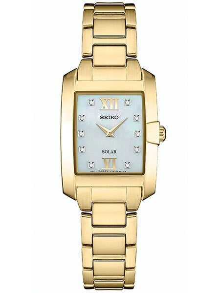 Seiko Women's Solar Dress Watch with 10 Diamond Hour Markers, Mother of Pearl Dial #SUP378