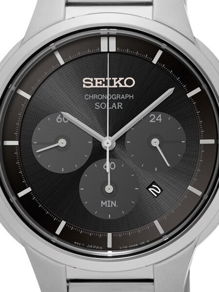 Seiko Black Dial, Solar Chronograph with Stopwatch and 24-Hour Sub-Dial #SSC439