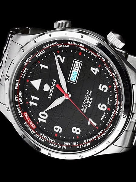 J. Springs Automatic 21-Jewel World Time Watch with Day and Date, Black Dial #BEB099
