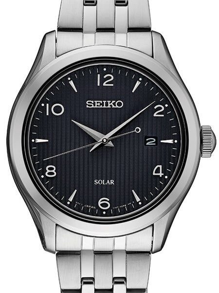 Seiko Solar Watch with 42mm Stainless Steel Case and Patterned Black Dial #SNE489