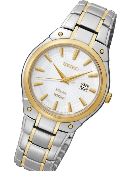 Seiko Two-Tone Women's Solar Dress Watch with White Dial, Goltone Hands and Markers #SUT128