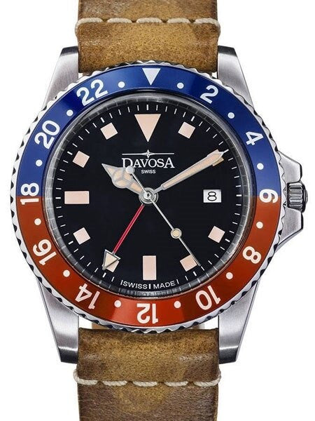 Davosa Vintage-Styled 100-Meter GMT Dual Time Watch with Black Dial #16250095