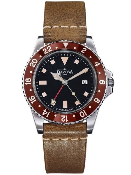 Davosa Vintage-Styled 100-Meter GMT Dual Time Watch with Black Dial #16250065